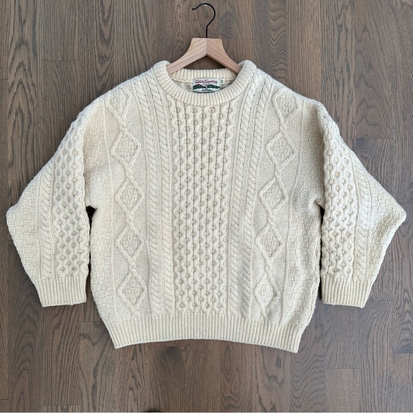 Vintage Celtic Country 100% Wool Irish Cable Knit Crew Neck Sweater Cream Large - Picture 6 of 8